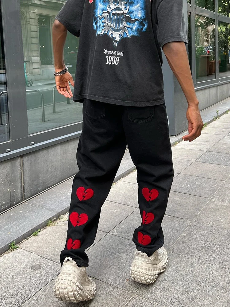Black Vintage Jeans Men Latest Design Heart Character Patches Embroidered Casual Trousers Y2K Loose Straight Cotton Denim Pants