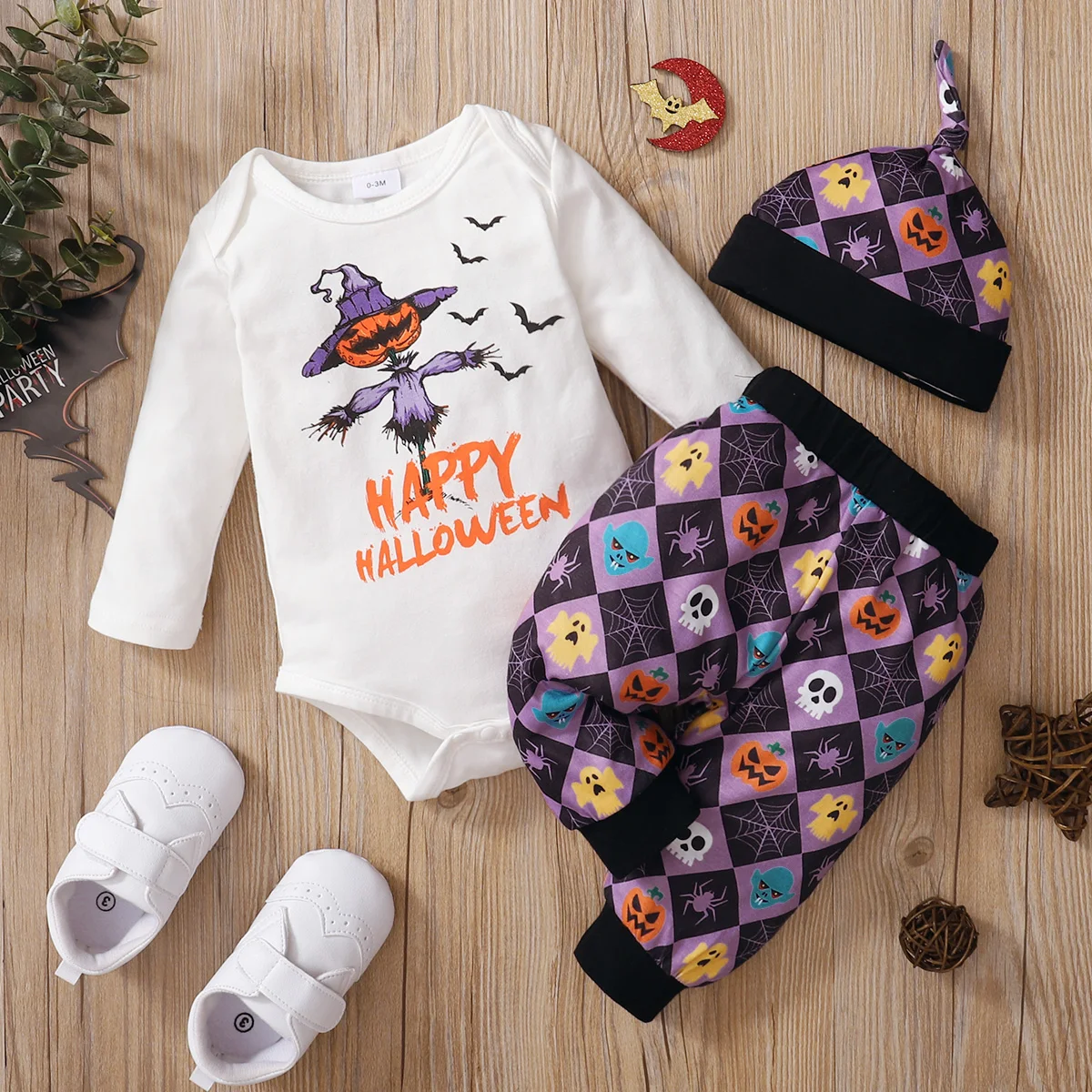 

PatPat Halloween Costumes Baby 3pcs Baby Boys / Baby Girls Pumpkin Scarecrow Print Long-sleeve Romper Halloween Clothing Sets