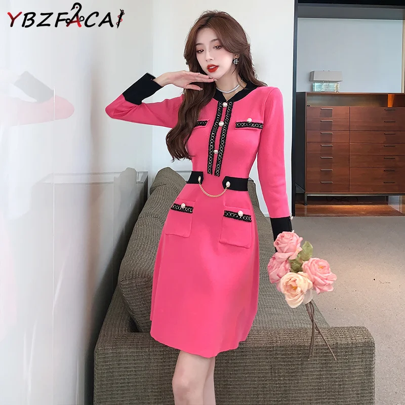 

Винтажное черное вязаное платье, корейское цельнокроеное платье с длинным рукавом, осенне-зимнее платье, элегантное Облегающее вязаное пла...