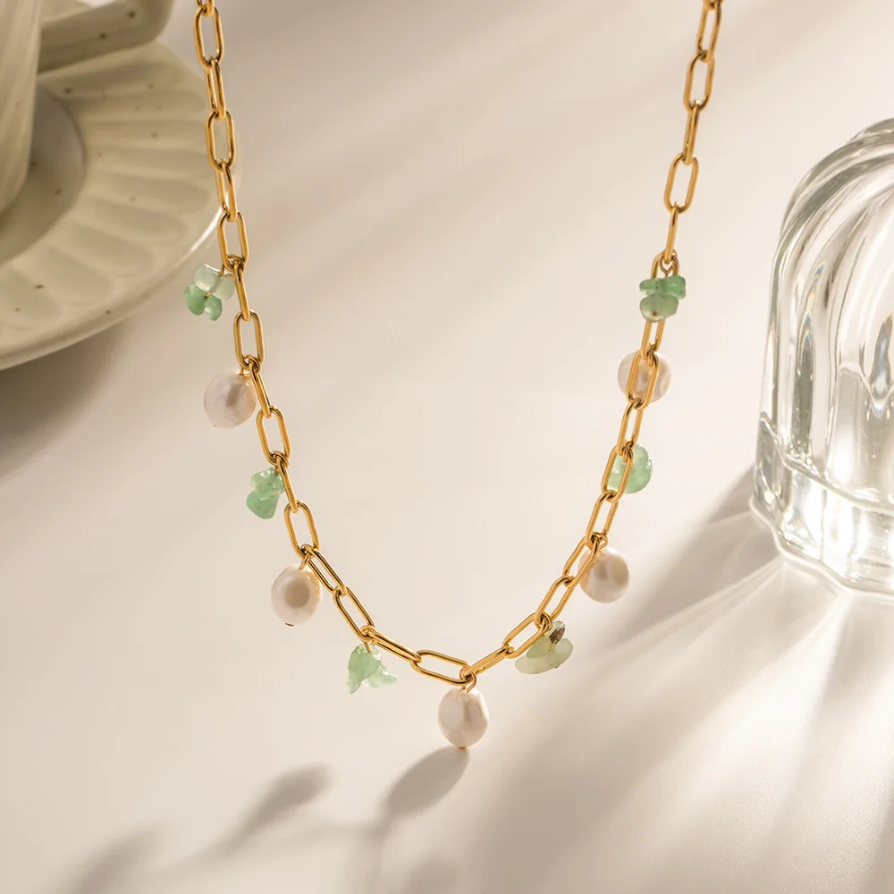 

Green Natural Stone Freshwater Pearl Pendant Stainless Steel Necklace 18K Gold Plating Waterproof Jewelry Women