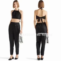 luxury designer branded two pieces sets women outifits inverted triangle metal logoed black sexy cropped top with matching pants