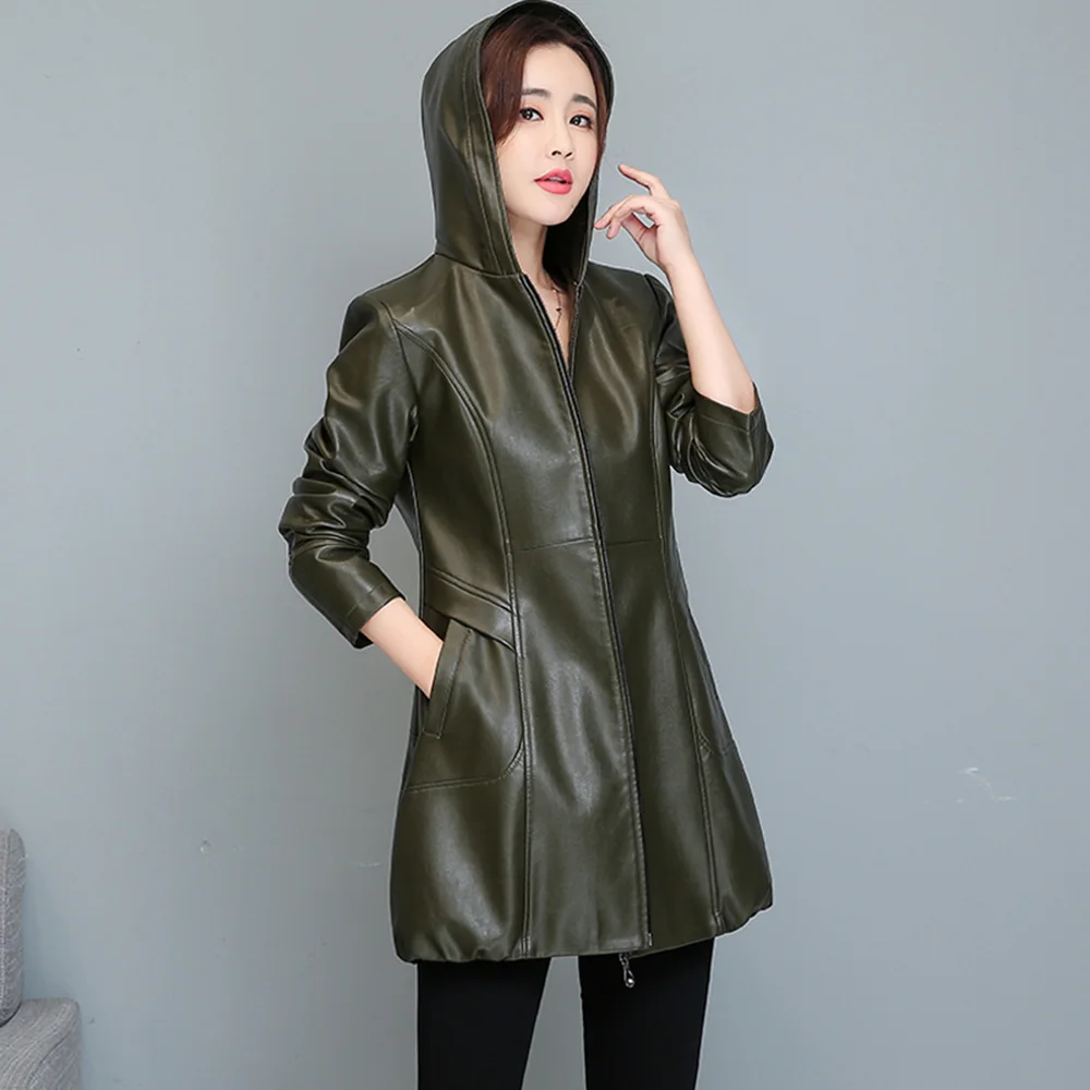 New Women Spring Autumn Leather Coat Casual Fashion Hooded Long Sleeve Slim Basics Sheepskin Outerwear Female Leather Jacket