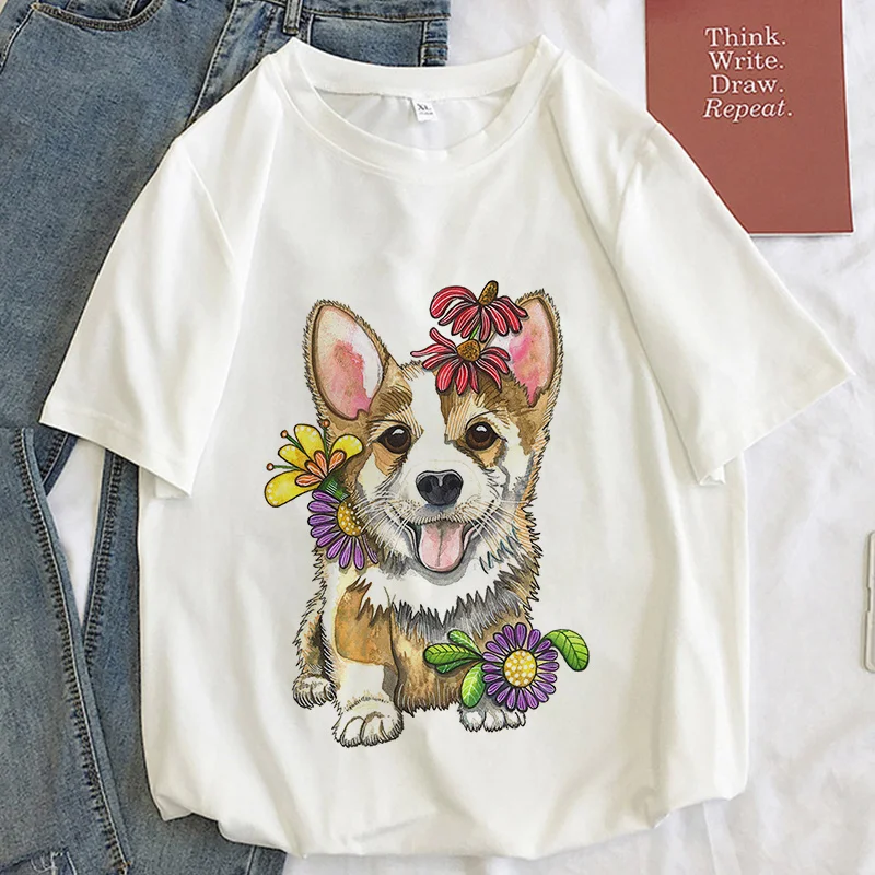 

Corgi Kawaii Graphic Print T-shirt Women Harajuku Aesthetic White Top Kpop Tshirt Tee 2021 New Summer Fashion Y2k Female T Shirt