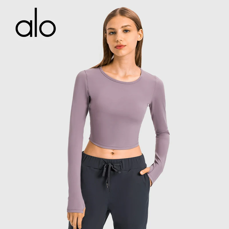 

Alo Yoga Women's Sports Long Sleeve Short Casual Top Training Fitness T-Shirt Breathable Fashion Solid Color Seamless Shirt