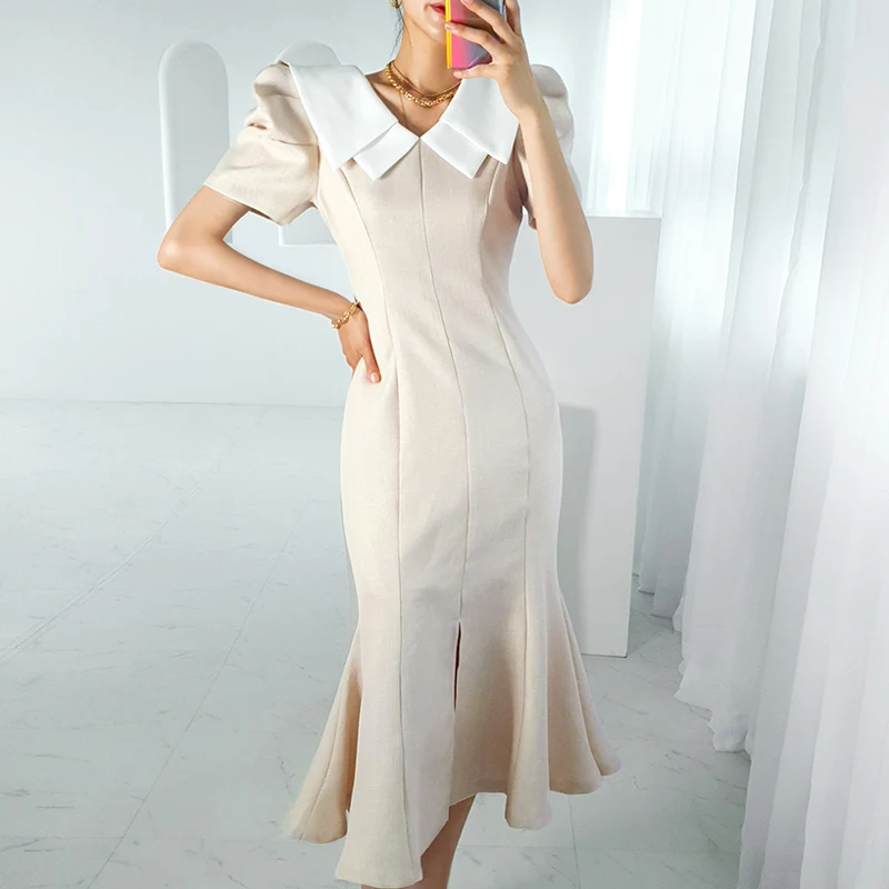 

Женское облегающее однотонное платье-годе, элегантное формальное платье с отложным воротником, пышными рукавами и разрезом, лето 2022