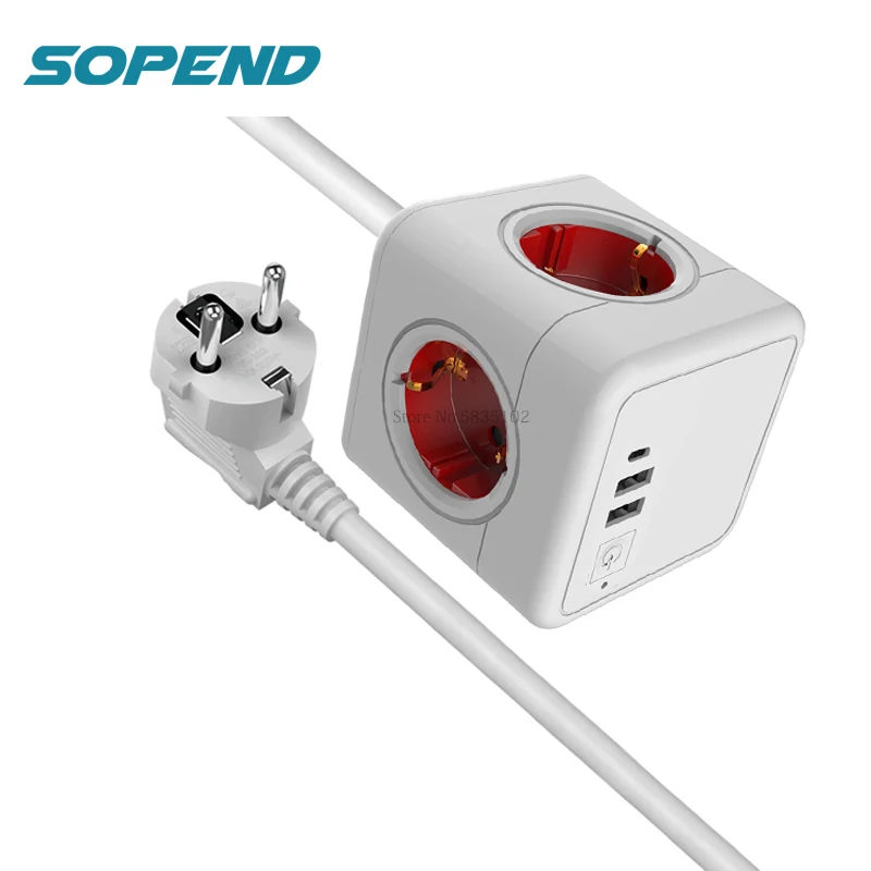 Sopend Eu Power Strip Powercube for 4 Sockets and 2 USB Ports with 3.1A Charging Function One Switch and Type C Ports 1.5m Cable
