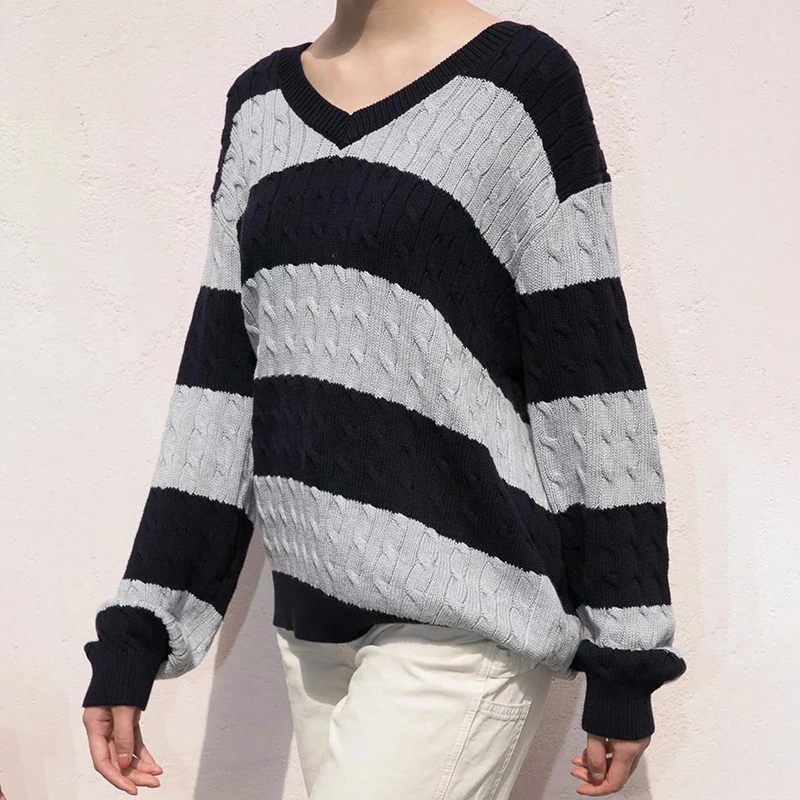 

Girls Vintage Cotton Sweaters 2022 Autumn Fashion Ladies Striped V-neck Sweater Oversized Women Chic Outfits Loose Pullovers