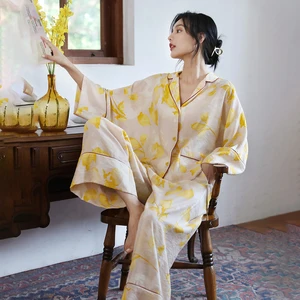2022 Spring New Floral Printed Pajamas Set Loungewear Sleepwear Pijamas Women Long Sleeve Wide Leg P in USA (United States)