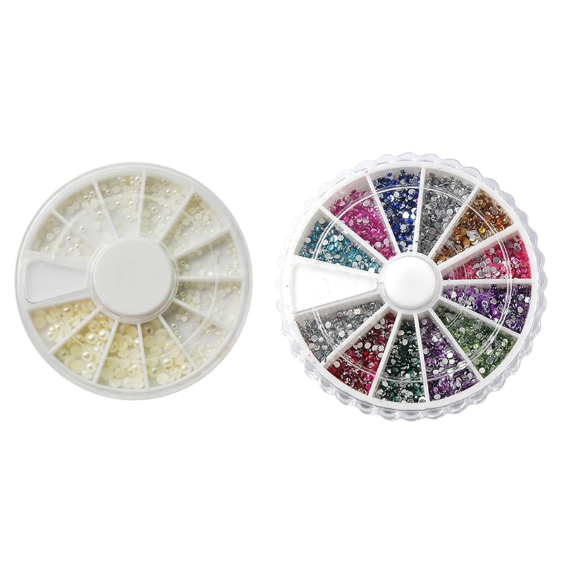 

1 Box White Pearl Nail Art Stone Wheel Rhinestones Beads & 1 Box Round Diamond Nail Decoration