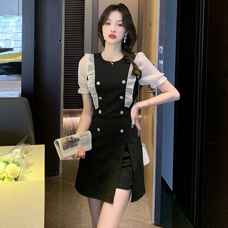 

Dresses For Women 2022 summer new Ruffle bubble sleeve mesh stitched Mini black Dress 079