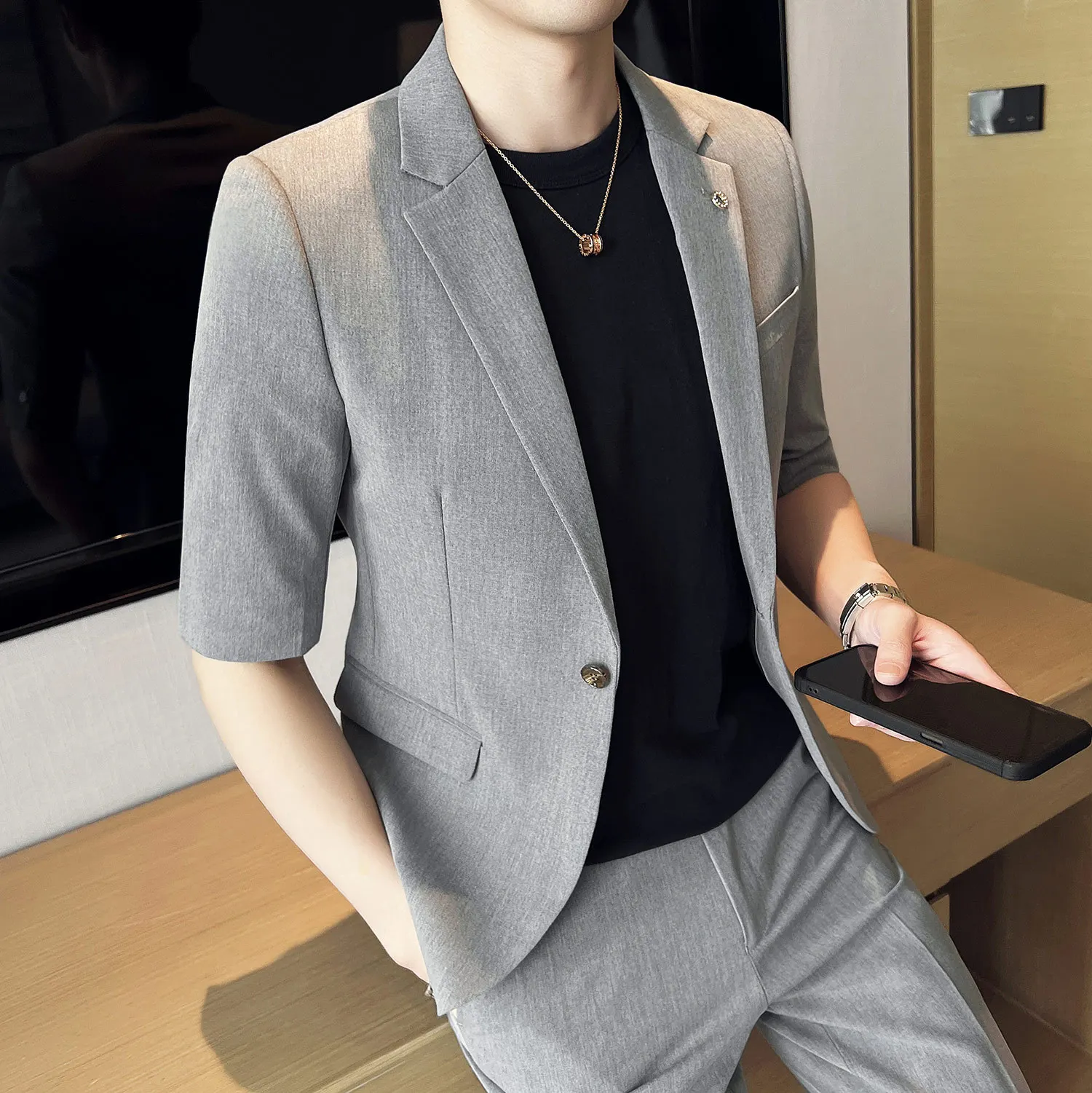 

Костюм мужской летний однотонный эластичный на одной пуговице, костюм из двух предметов с рукавом три четверти