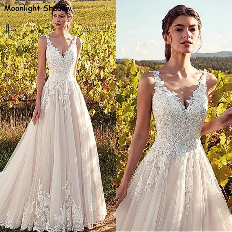 

V-Neck Open Back Wedding Dresses Appliqued A-line Straps Long Lace Vestidos De Noiva Bride Dress Elegant свадебное платье