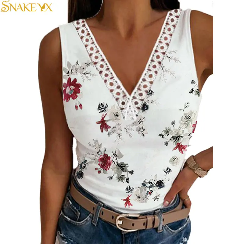 

SNAKE YX Women's 2022 Summer Lace V-Neck Vest Print Sleeveless Top