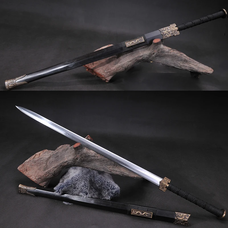 

Cold Steel Chinese Han Dynastic Straight Sword Antique Bronze Metal Craft Home Fengshui Decoration-Twin Handed Swords