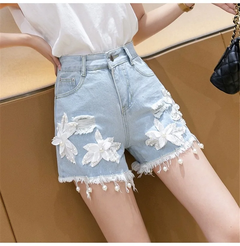 Summer Flowers Beaded Fashion Shorts Jeans Oversize S-XL Denim Shorts Women Ripped Sexy Washed Jeans Shorts Harajuku Streetwear