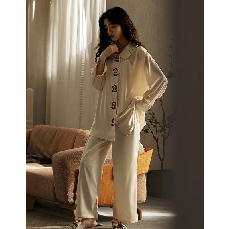 Flower Decorated Designer Pajamas Set Two Pieces Spring Autumn Pyjamas For Female Satin Silk PJ Set Sleepwear Home Wear Set