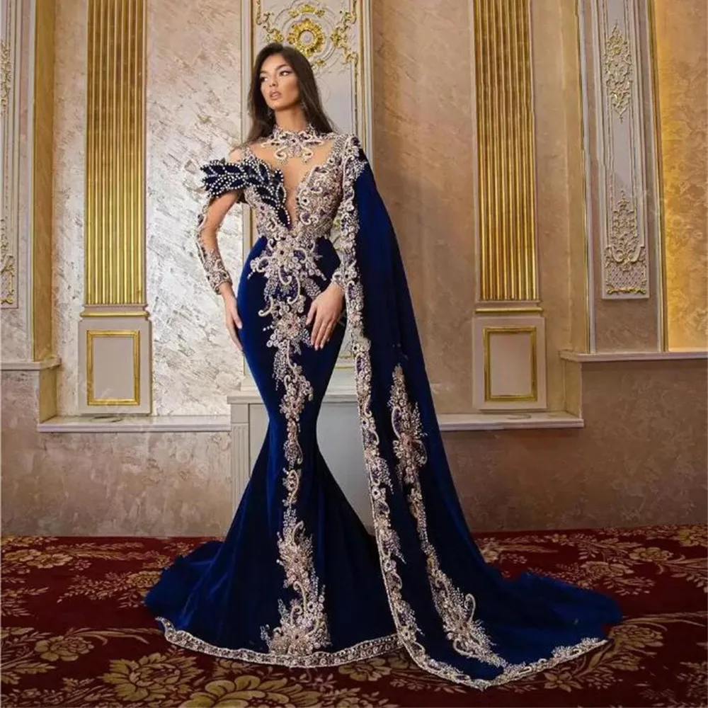 

Роскошные вечерние платья-русалки с кристаллами, платья с высоким воротником и длинными рукавами для выпускного вечера, изготовленные на з...