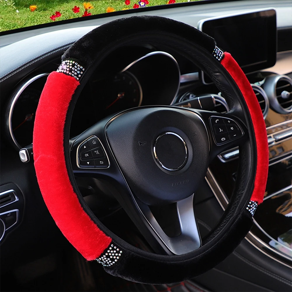 

Diamond Fluffy Steering Wheel Cover with Sparkly Crystal Rhinestones,15 Inch Car Elastic Steering Wheel Protector (Red)