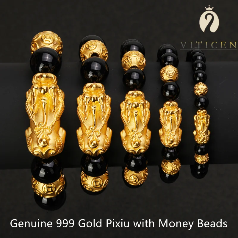 

VITICEN Genuine 24k Yellow Gold Pixiu Bracelet Male Female Unisex 999 Gold Bead Bracelet Black Onyx Stone Wristband Fine Jewelry
