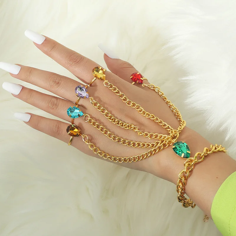 

Statement Colorful Crystal Chunky Multi-Layers Chain Bracelets for Women Shiny Gold Color Bracelets Finger Ring Fashion Jewelry