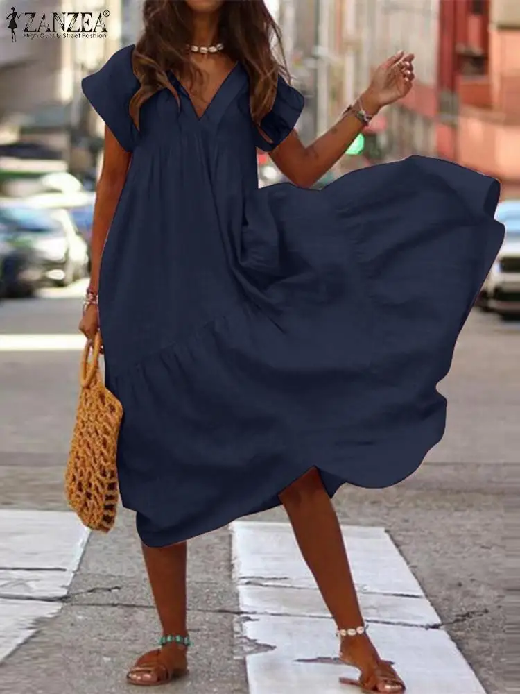 

Модное летнее платье-макси, женский сарафан большого размера ZANZEA 2022, сексуальные асимметричные платья с V-образным вырезом, женские платья с...