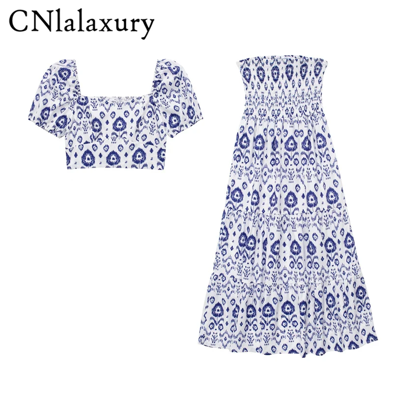 

CNlalaxury 2022Summer New Woman Fashion Printing Short Tops Square Neck Puff Sleeves T-shirt Bohemia High Waist Skirt Suit Mujer