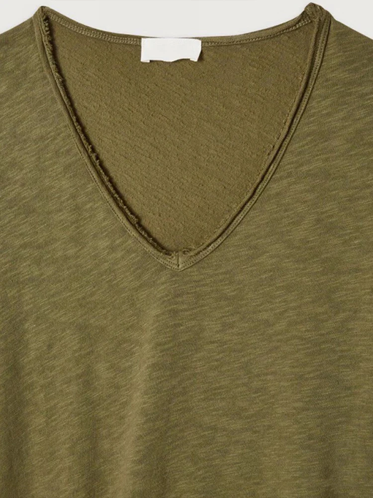 French Am VI Slub Cotton T-shirt Women's Short Sleeve Thin Loose Casual Small White V-neck Women Top T