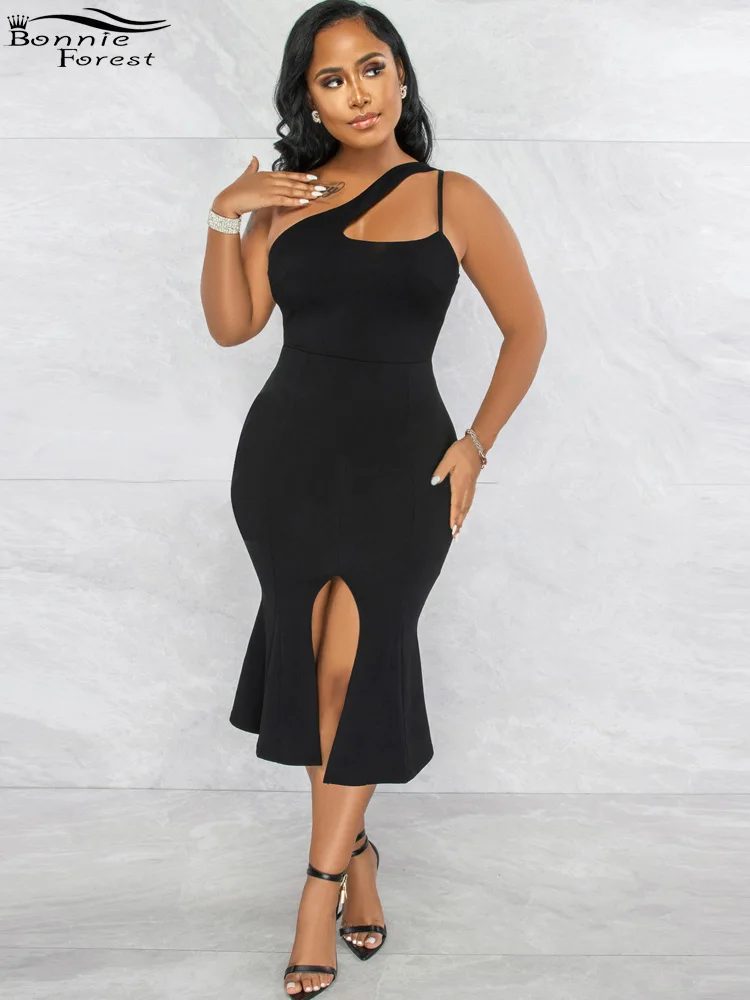 

Bonnie Forest Elegant Single Shoulder Cut-Out Midi Dress Summer Elegant Front Slit Ruffles Party Club Dress Celebrities Outfits