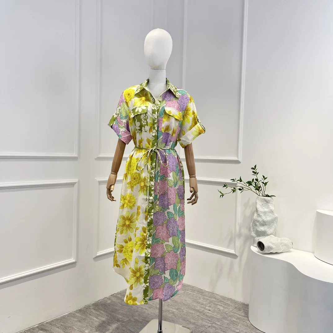 

2023 New Floral Printing Patchwork Short Sleeve Shirtdress High Quality Women Summer Midi Dress
