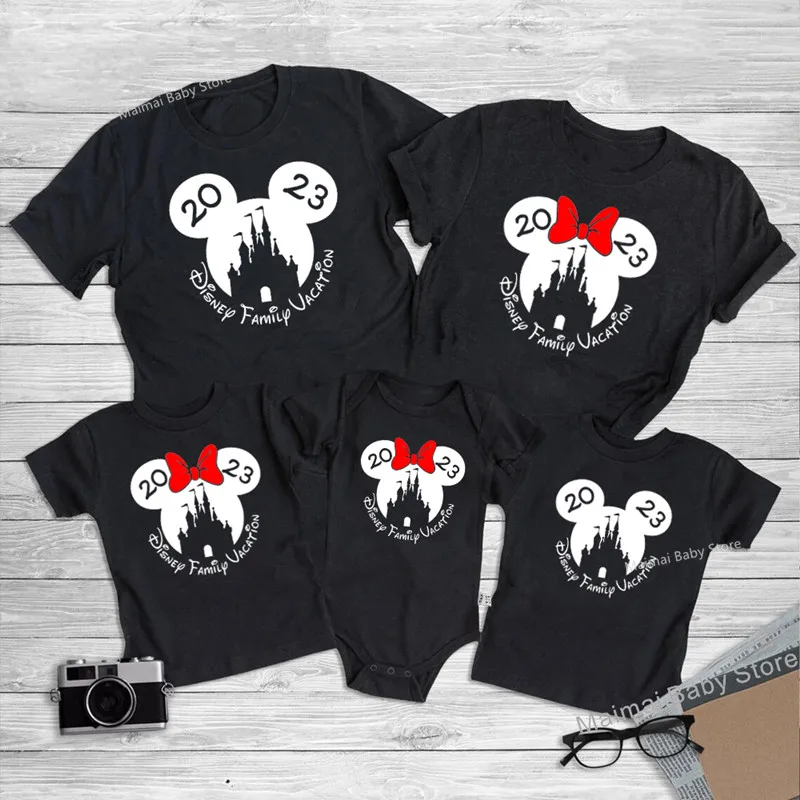 2023 Disney Family Vacation Shirts Cotton Matching Dad Mom Kids Tees Baby Rompers Funny Family Look Mickey Minnie Mouse Outfits