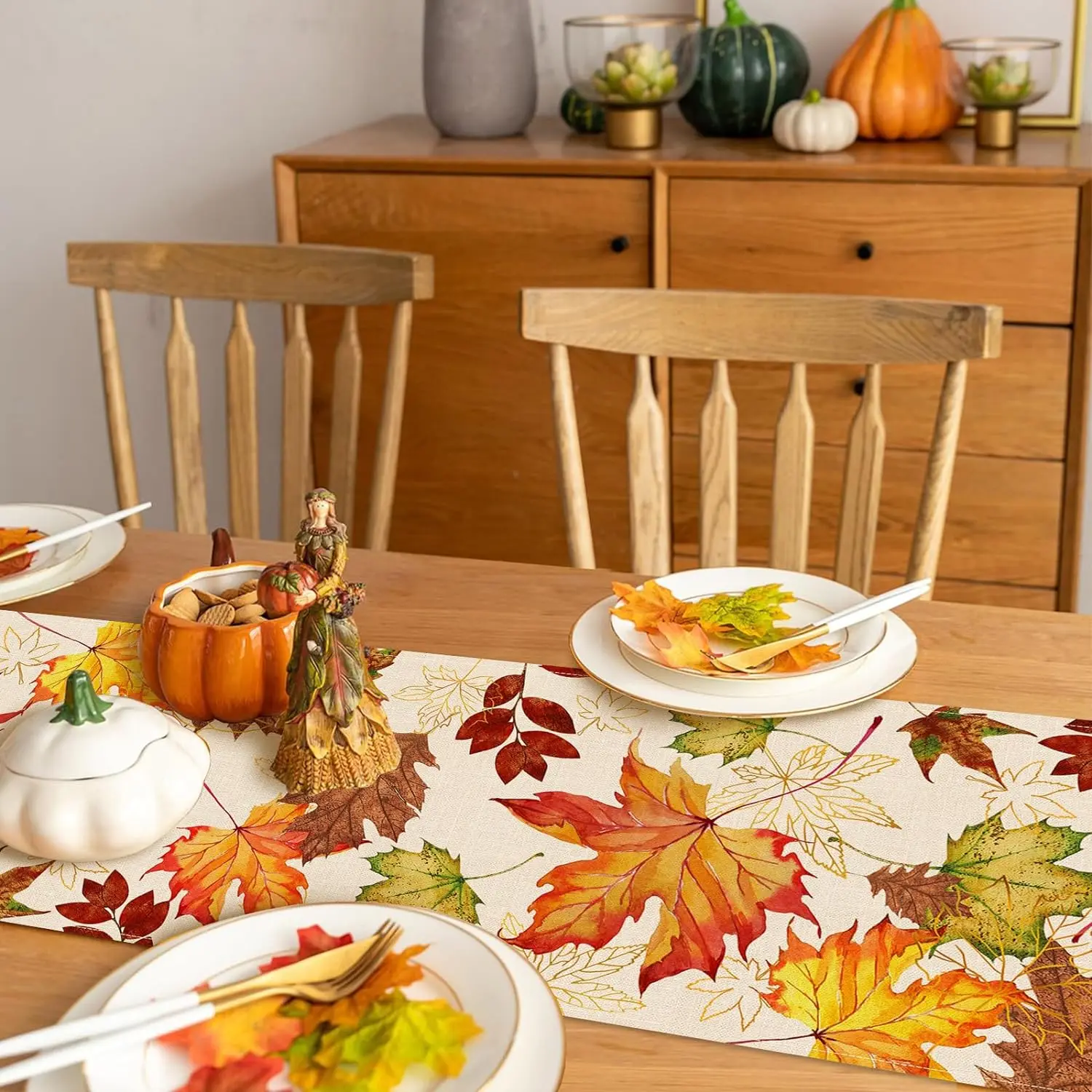 Осенняя льняная дорожка для стола с кленовыми листьями на День благодарения