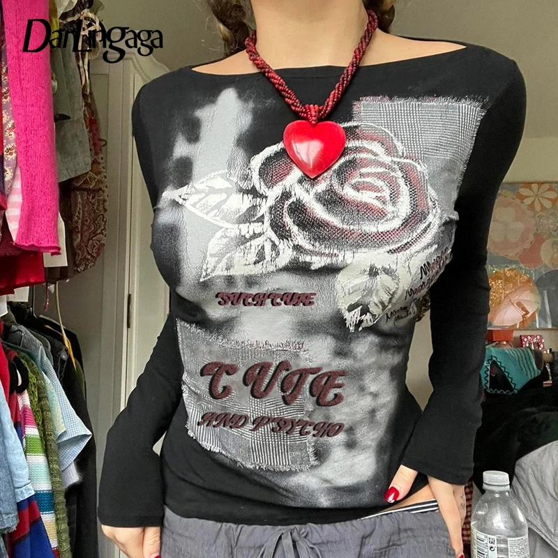 

Darlingaga Grunge Fairycore Autumn T shirts Women Graphic Tee Floral Printed Y2K Top Clothes Vintage Aesthetic Fashion Sweat New