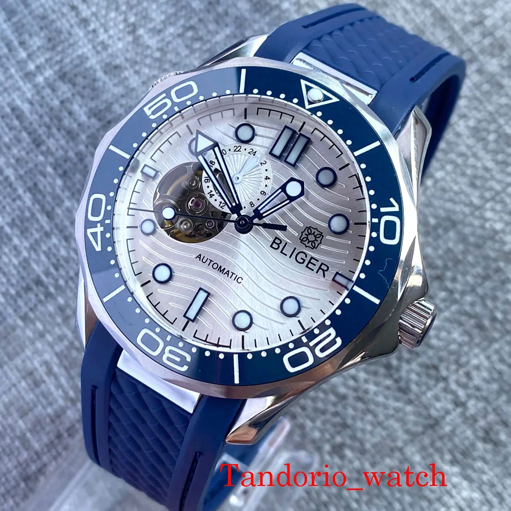 

Bliger White Dial NH39 Automatic Men Watch Sapphire Crystal Luminous Index Ceramic Bezel Insert Rubber Strap