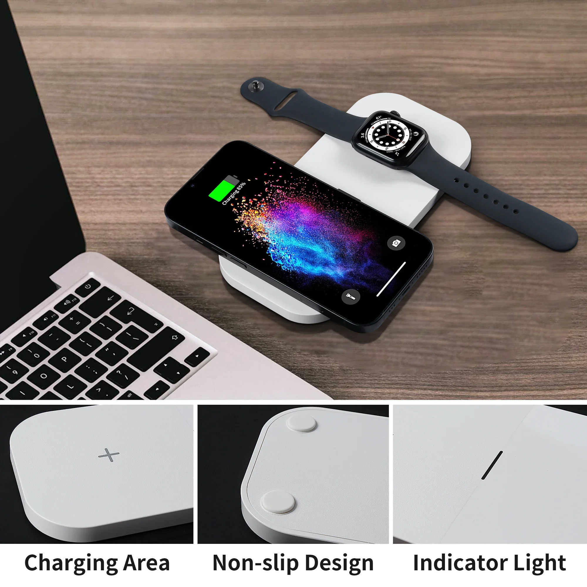 Фото Беспроводная зарядная панель 2-в-1, тонкая и портативная, для iPhone, AirPods и Apple Watch №5