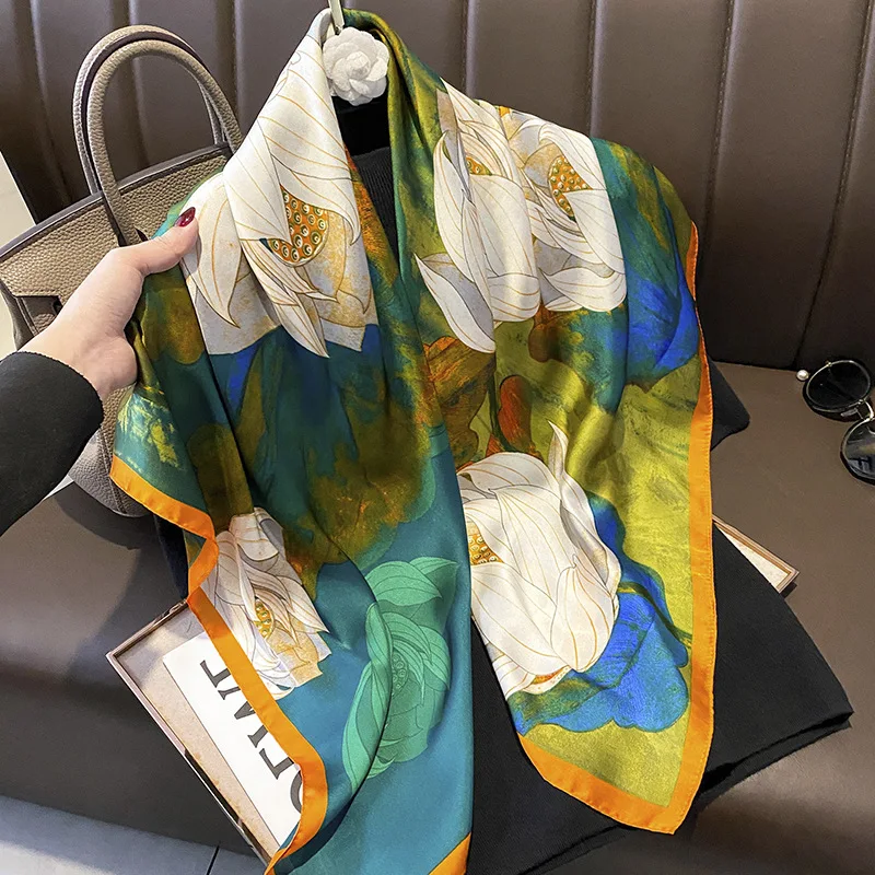 

Модная Роскошная брендовая шелковая атласная квадратная Женская бандана, мусульманские головные шарфы, шаль, Женский фуляр, 90x90 см