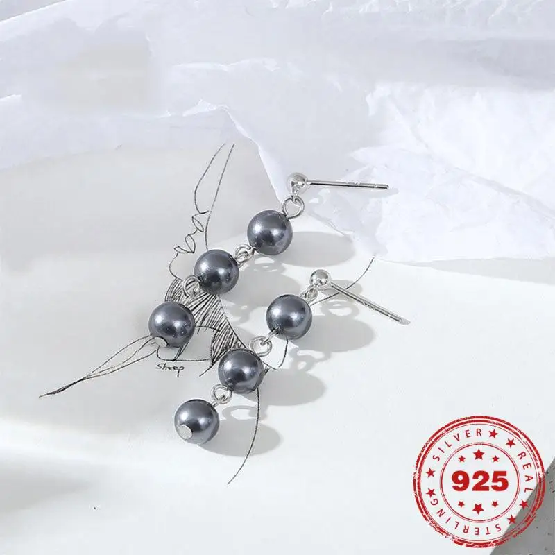 

HOYON 100% S925 Sterling Silver Pearl Earrings for women black pearl pendant Long Tassels Earrings piercing for birthday Gifts