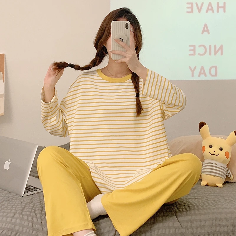 CAIYIER Winter Korean Sleepwear O-Neck Black Stripe Nightwear Casual Chic Winter Pajama Set Long Sleeve Trousers Kawaii Homewear