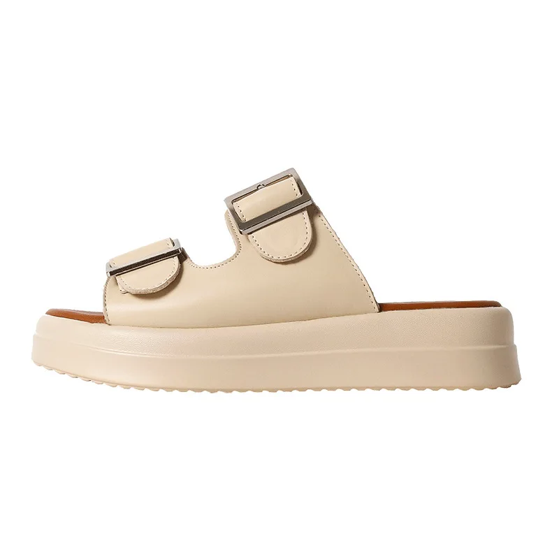 

Women Slippers Black Beige Fashion Women's Summer Slippers Genuine Leather Casual Beach Slippers Woman Flat Platform Sandals