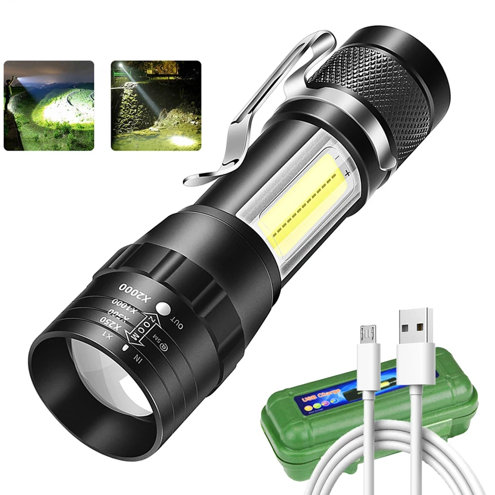 

Portable LED Flashligh Strong Light Built In Battery COB＋XPE Outdoor USB Rechargable Adjustable Brightness Long Distance Camping