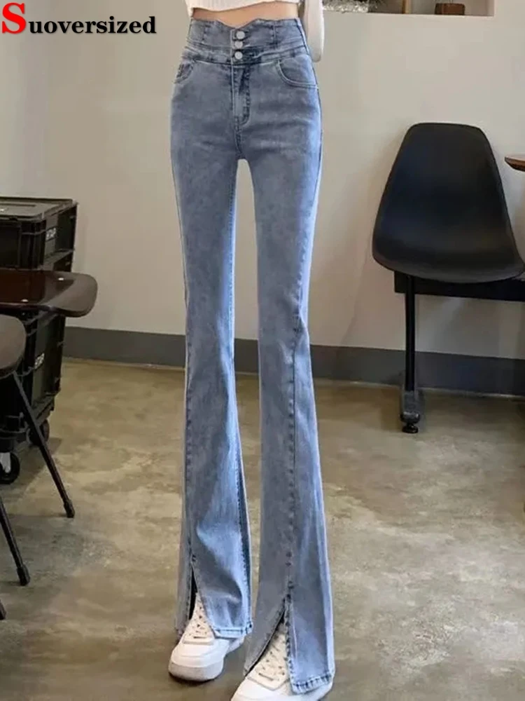 

Streetwear High Waist Large Size 4xl Flare Jeans Split Skinny Denim Pants Casual Stretch Vaqueros New Korean Woman Straight Hose