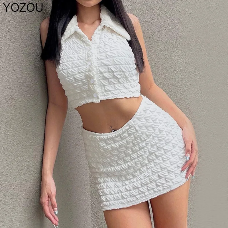 

Женский комплект из двух предметов YOZOU, однотонный черный или белый комплект из двух предметов, укороченный топ и однобортная мини-юбка без ...
