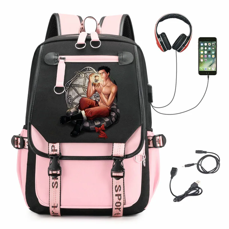 

Fullmetal Alchemist Nylon Backpack Casual USB Laptop Bag Zip Bookbag Schoolbag Cartoon Student Teenager High Capacity Knapsack