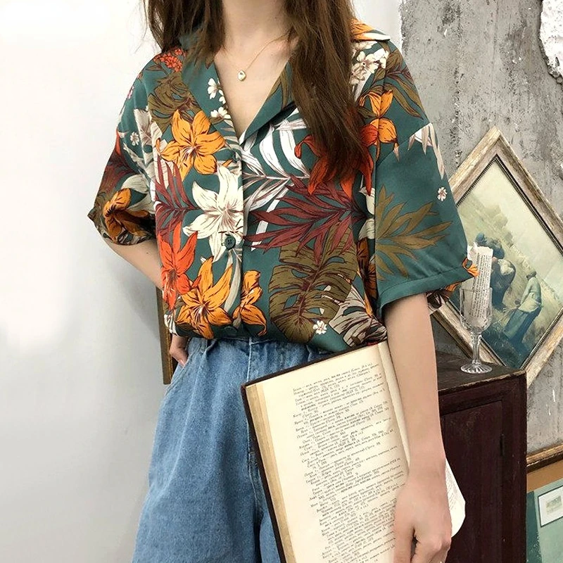 Summer Y2K Casual Printed Vintage Shirt Women Clothing V-neck Short Sleeve Chic Blouse Tops Female Thin Floral Harajuku Tops