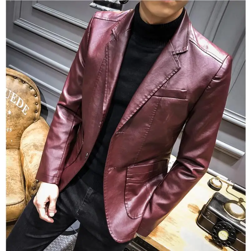 

Fashion Mens Pu Leather Jackets Kpop Style Autumn Jacket Biker Faux Leather Coats Wine red Black Overcoats Coats Plus Size S-5XL