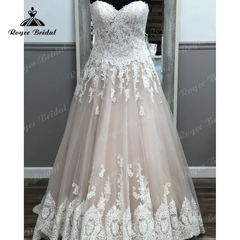 

Plus Size Lace Appliques Sweep Train Champagne Off the Shoulder A Line Sweetheart Wedding Dress sukienka na wesele Elegant 2023