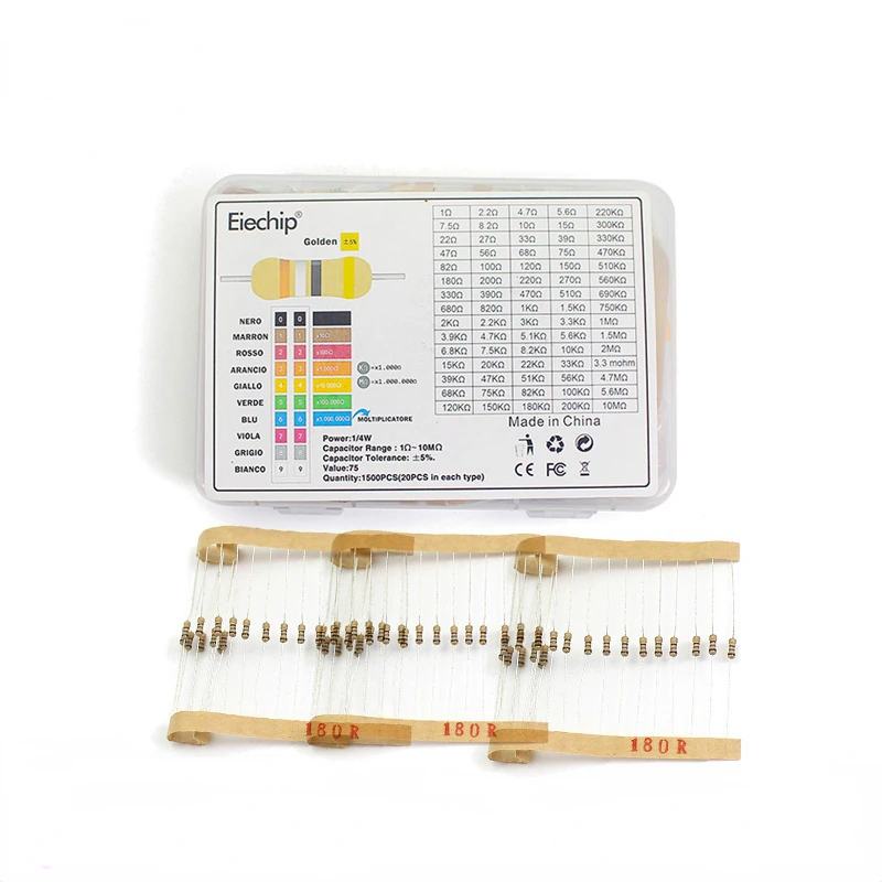 

1500pcs 1/4W 5% Carbon Film Resistors set 1ohm~10M 75 Values Kit Resistor lot of electronic components Assort Kit resistance box