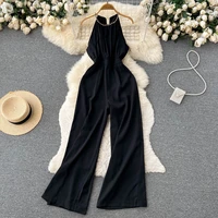 summer elegant chain halter black jumpsuit women outfits solid high waist rompers playsuits female overalls korean clothing