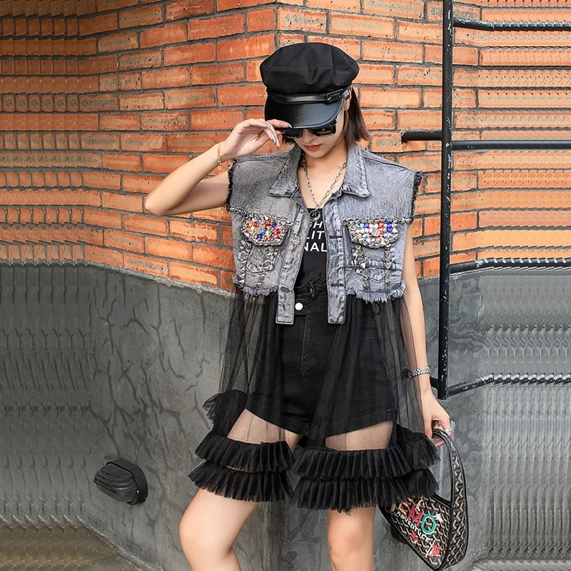 

Vintage Mesh Stitching Gray Denim Vest Women Rivet Beaded Diamonds Cowboy Waistcoat Slim Frayed Sleeveless Jeans Jacket Female