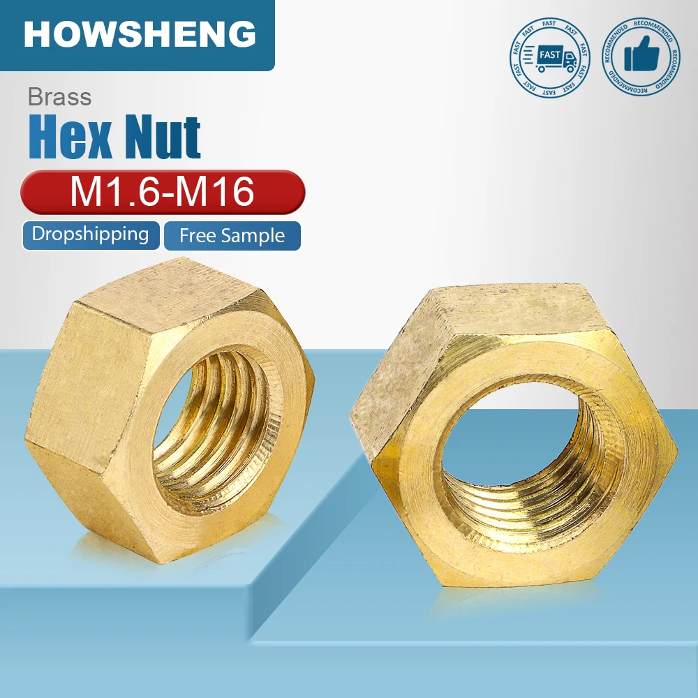 HOWSHENG 2-40 шт. Медная шестигранная гайка M1.6 M2 M2.5 M3 M3.5 M4 M5 M6 M8 M10 M12 M14 M16 Латунные шестигранные гайки для винтового болта