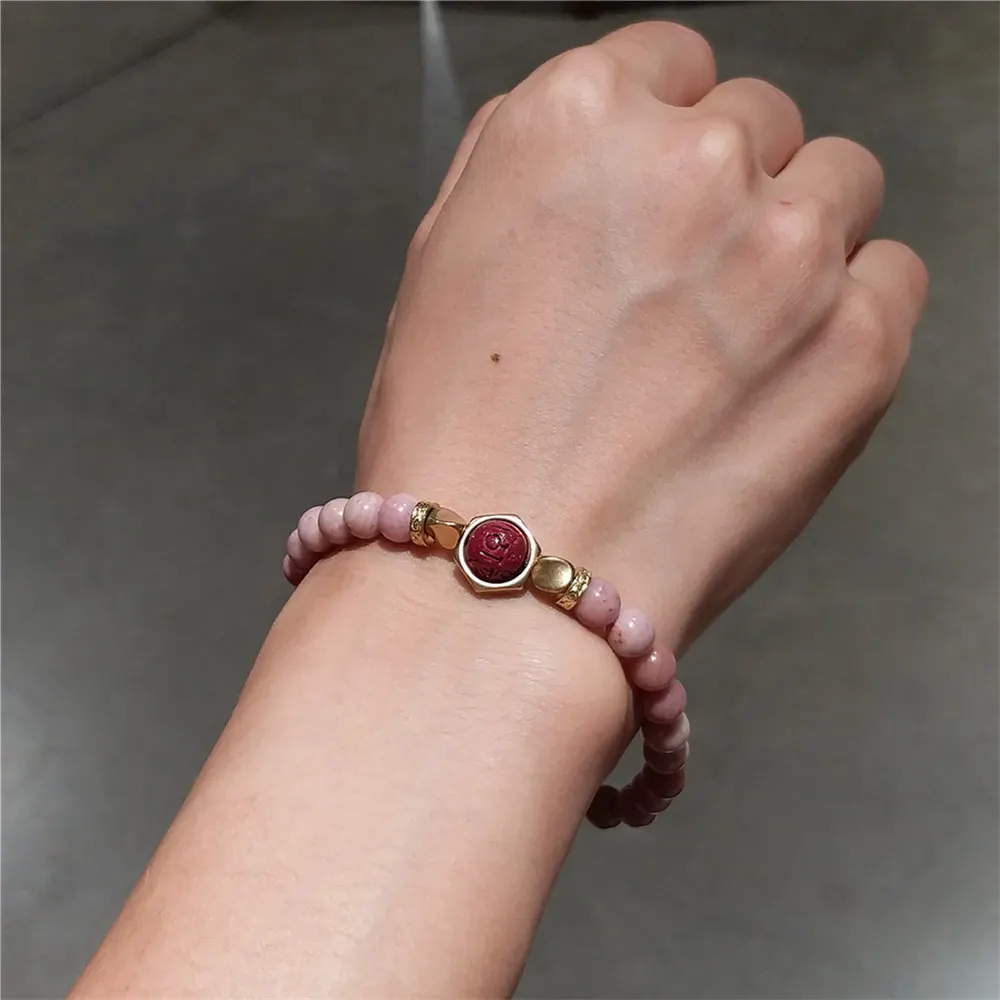 

Natural Stone Buddha Rhodonite Beads Pink Bracelet for Women Red Cinnabar Six Word Mantra Buddhist Lucky Bracelet 6mm